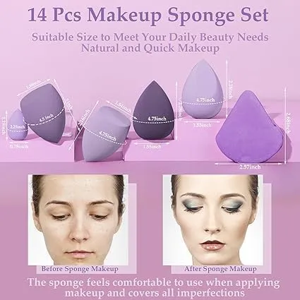 14-Piece Makeup Sponge Set Makeup Sponge Mixer 7 Powder Puffs 4 Mini Makeup Sponges and 3 Finger-Wrapped Makeup Sponges for Liquid Foundation Powder Concealer and Cream.