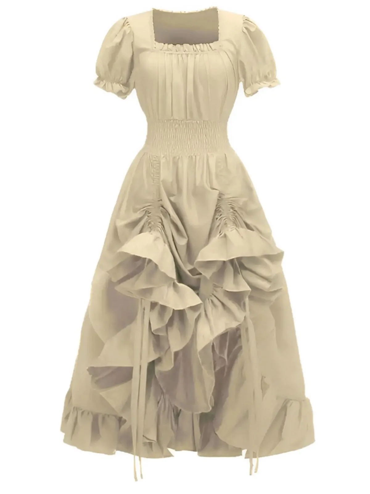 1930s Square Neck Wrinkles Puff Sleeves Dress