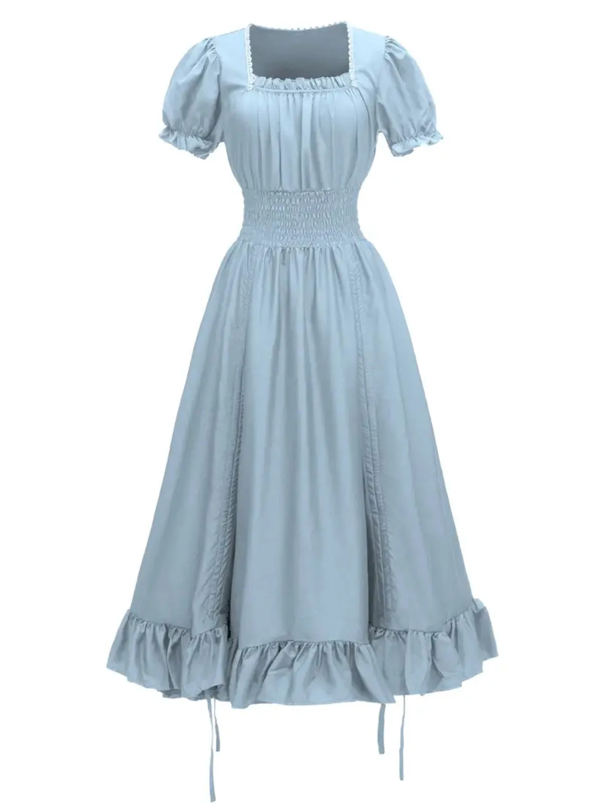 1930s Square Neck Wrinkles Puff Sleeves Dress