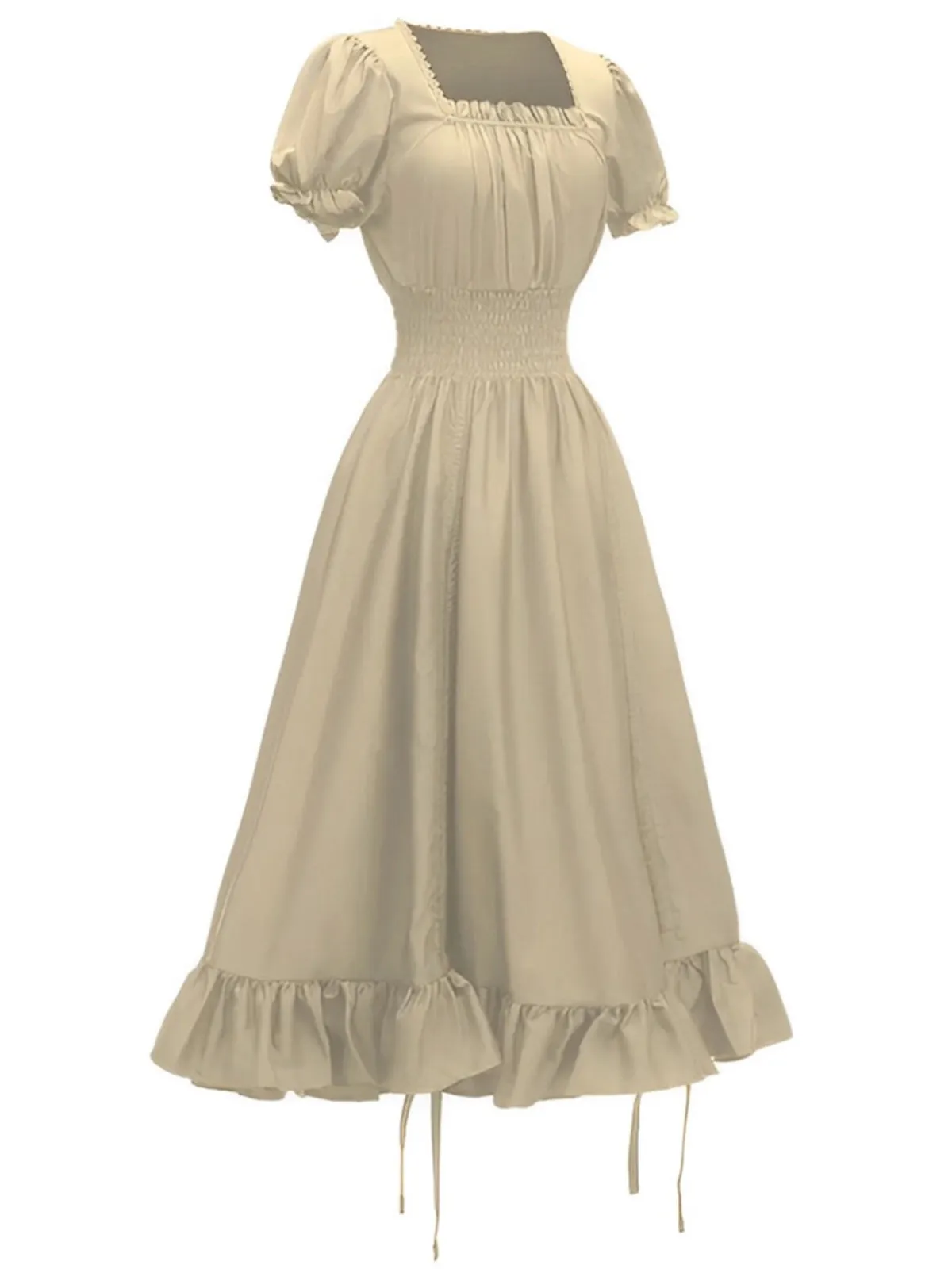 1930s Square Neck Wrinkles Puff Sleeves Dress