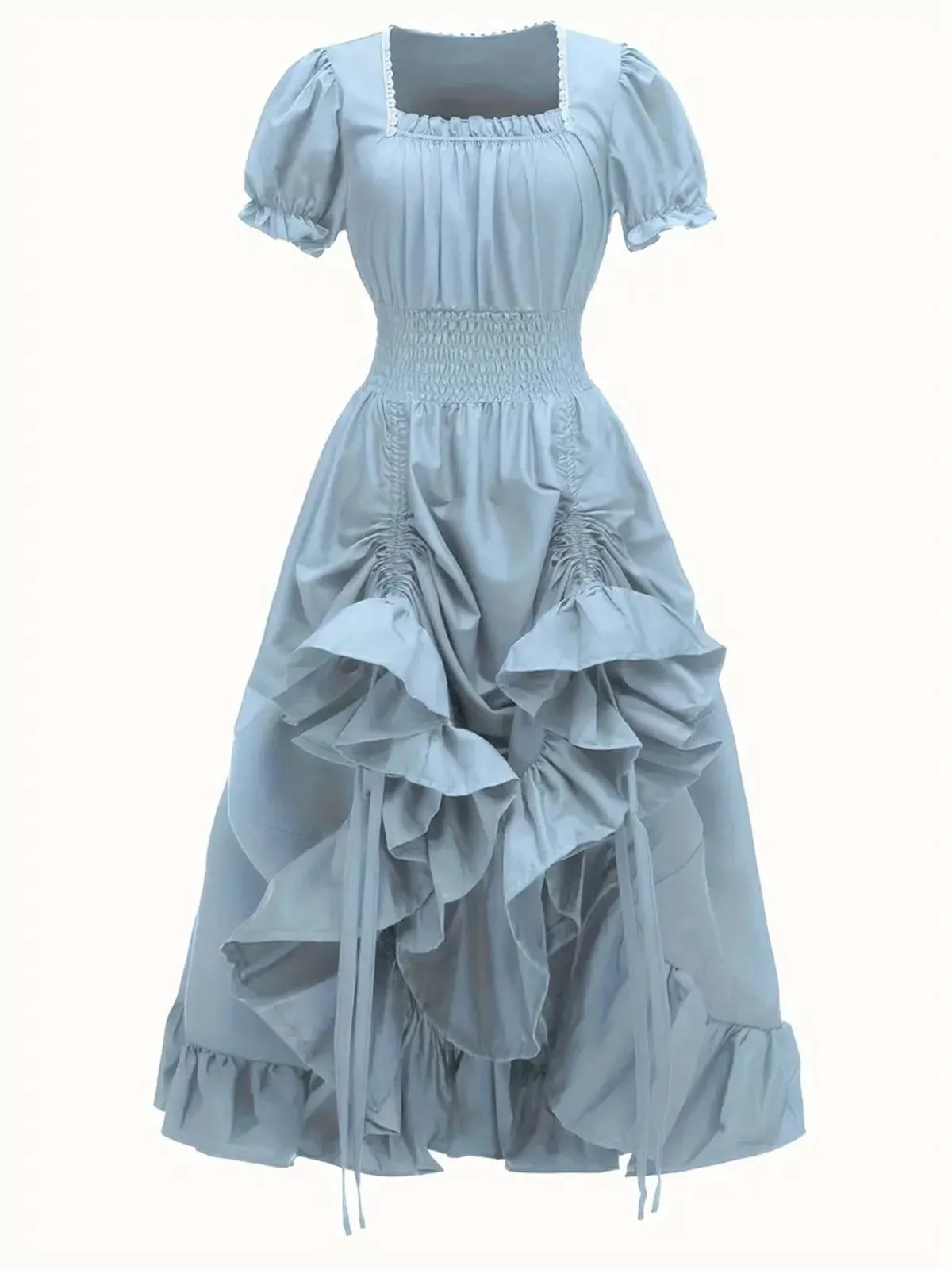 1930s Square Neck Wrinkles Puff Sleeves Dress
