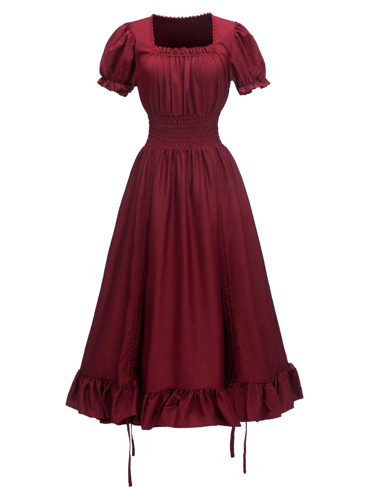 1930s Square Neck Wrinkles Puff Sleeves Dress