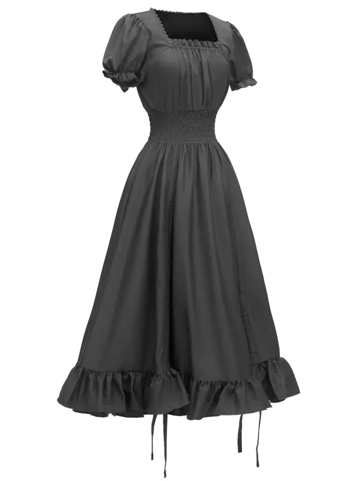 1930s Square Neck Wrinkles Puff Sleeves Dress