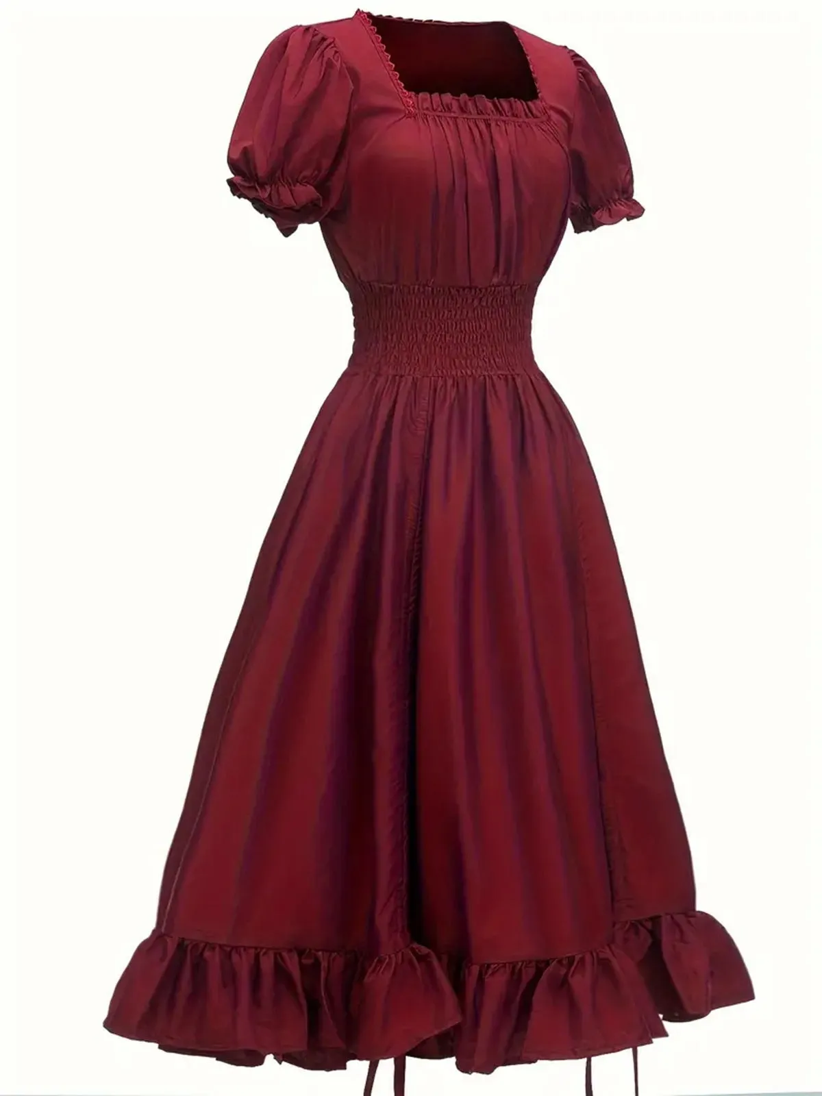1930s Square Neck Wrinkles Puff Sleeves Dress