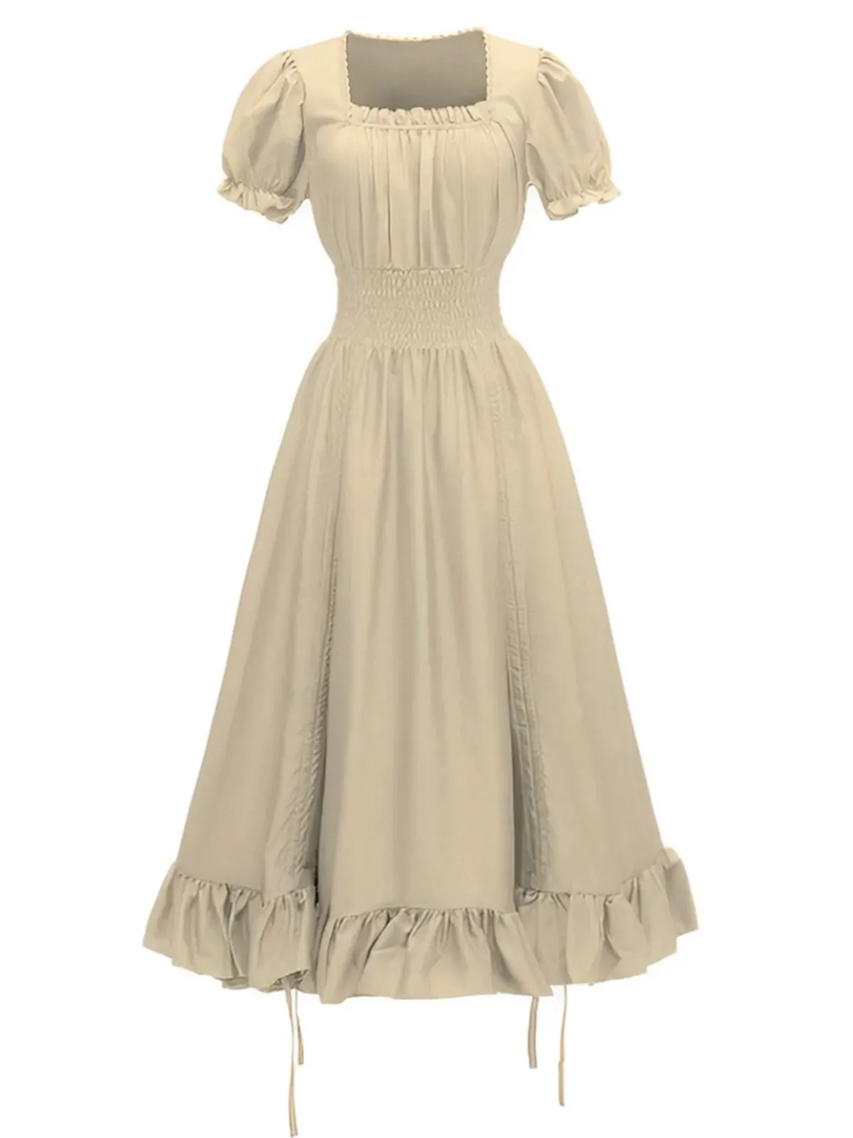 1930s Square Neck Wrinkles Puff Sleeves Dress