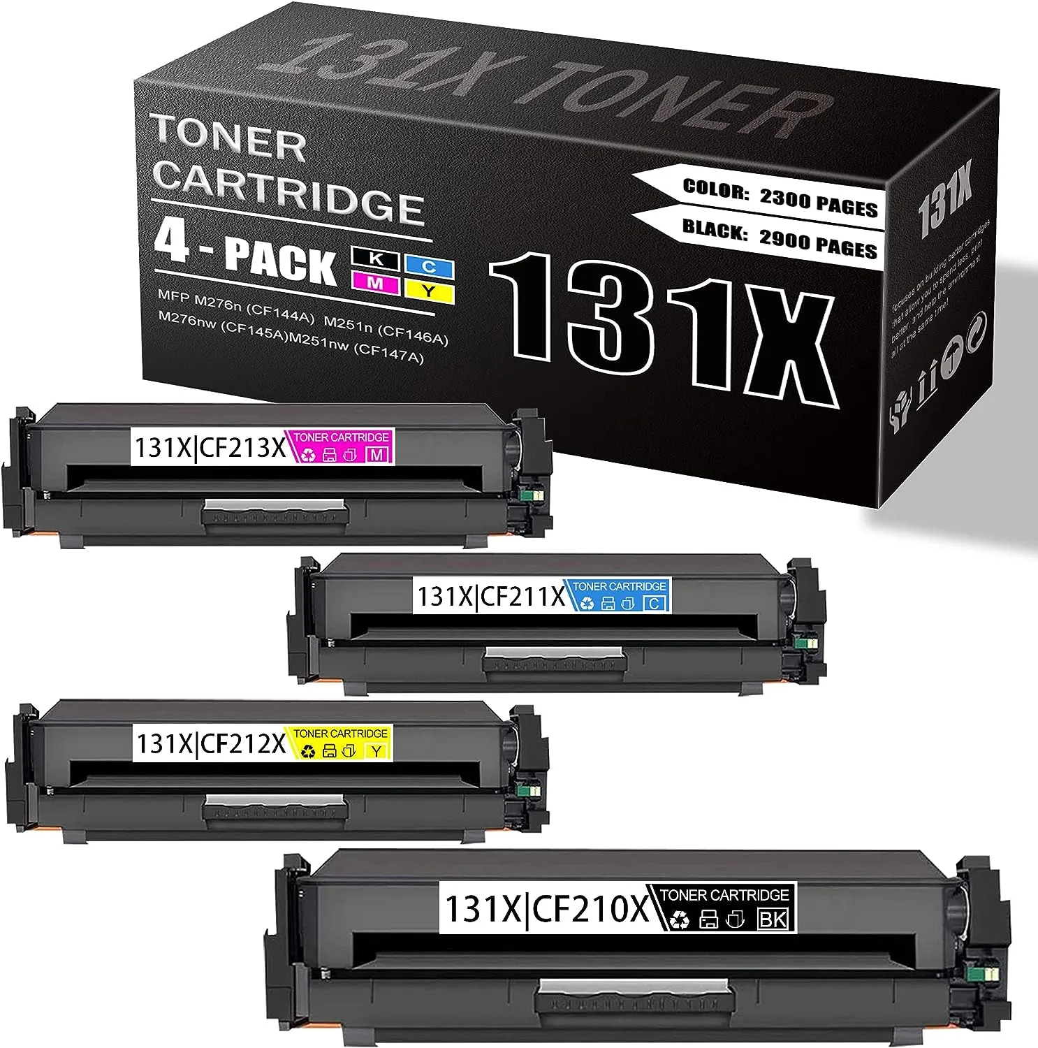 4 Pack (1BK 1C 1M 1Y) Compatible 131X | CF210X CF211X CF212X CF213X Toner Cartridge Replacement for MFP M276n (CF144A) M251n (CF146A) M276nw (CF145A) M251nw (CF147A) Printer Toner.