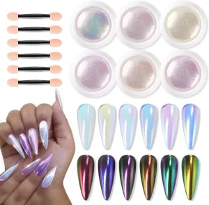 6 Jars White Unicorn Chrome Nail Powder Kit Shimmer Aurora Metallic Mirror Effect Loose Iridescent Mermaid Pigment for Gel Polish Design Pink Pearl Manicure Glitter Dust Decoration with Tools
