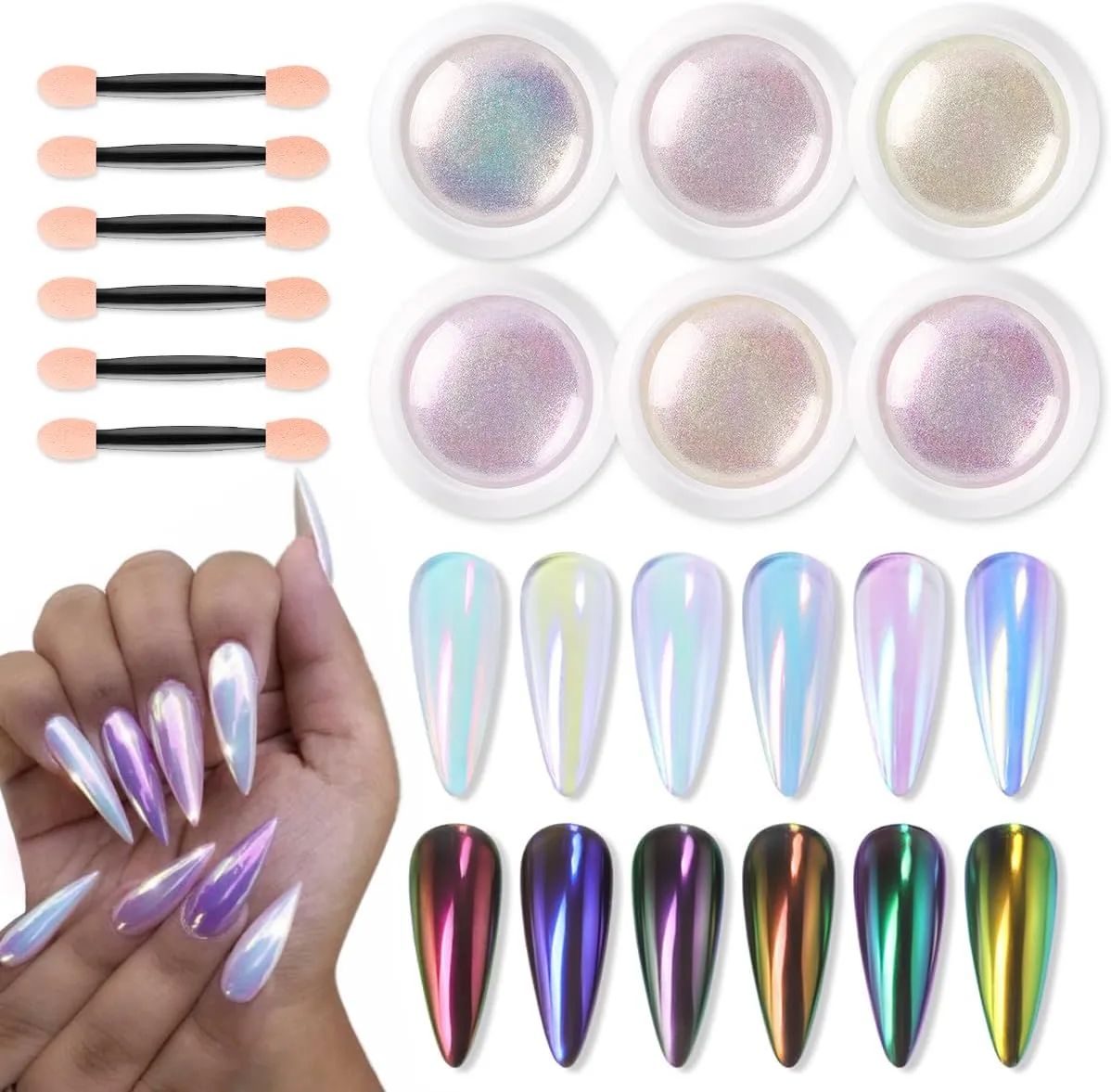6 Jars White Unicorn Chrome Nail Powder Kit Shimmer Aurora Metallic Mirror Effect Loose Iridescent Mermaid Pigment for Gel Polish Design Pink Pearl Manicure Glitter Dust Decoration with Tools