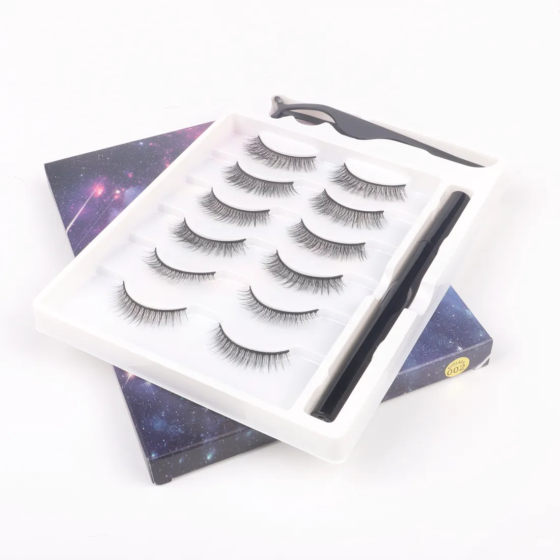 6 Pairs Self Adhesive Eyeliner and Eyelashes Kit, Natural Look Eyelash with Waterproof Pen Liner & Applicator 002