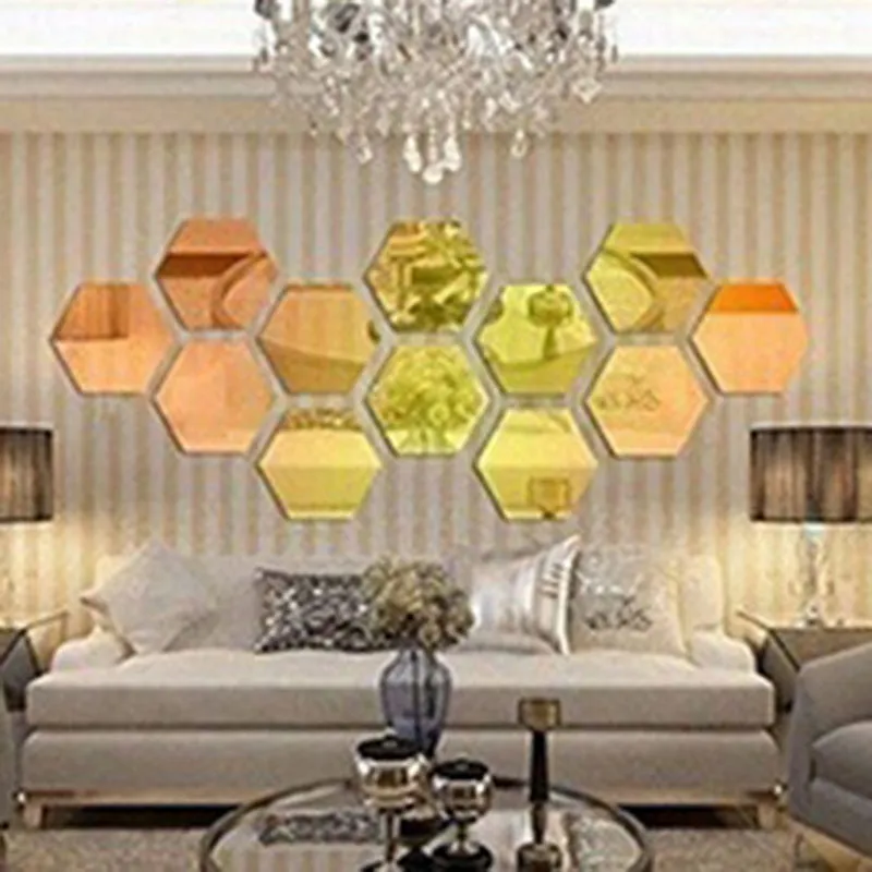 6/12 Pcs 3D Hexagon Acrylic Mirror Wall Stickers