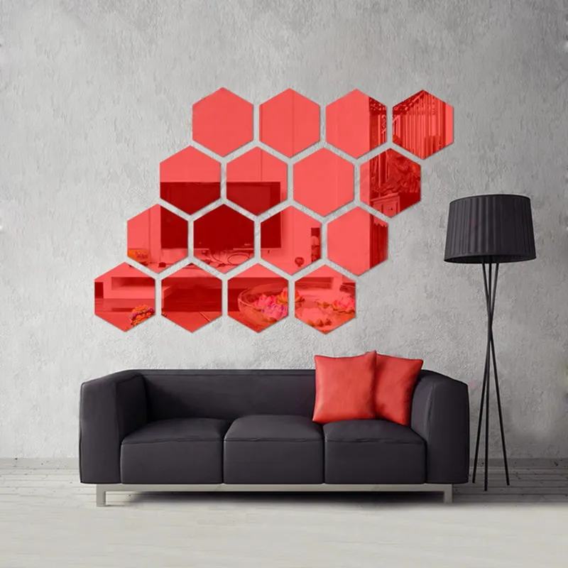 6/12 Pcs 3D Hexagon Acrylic Mirror Wall Stickers