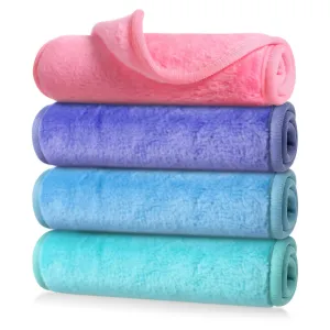 Amabro Makeup Remover Cloth, 4pcs Reusable Face Wash Cloths Washable Make up Facial Remover Pads Ultra Soft Microfiber Cleansing Towels, 15.7 x 6.69 in(Narcissus green, Blue, Pink, Dark purple)
