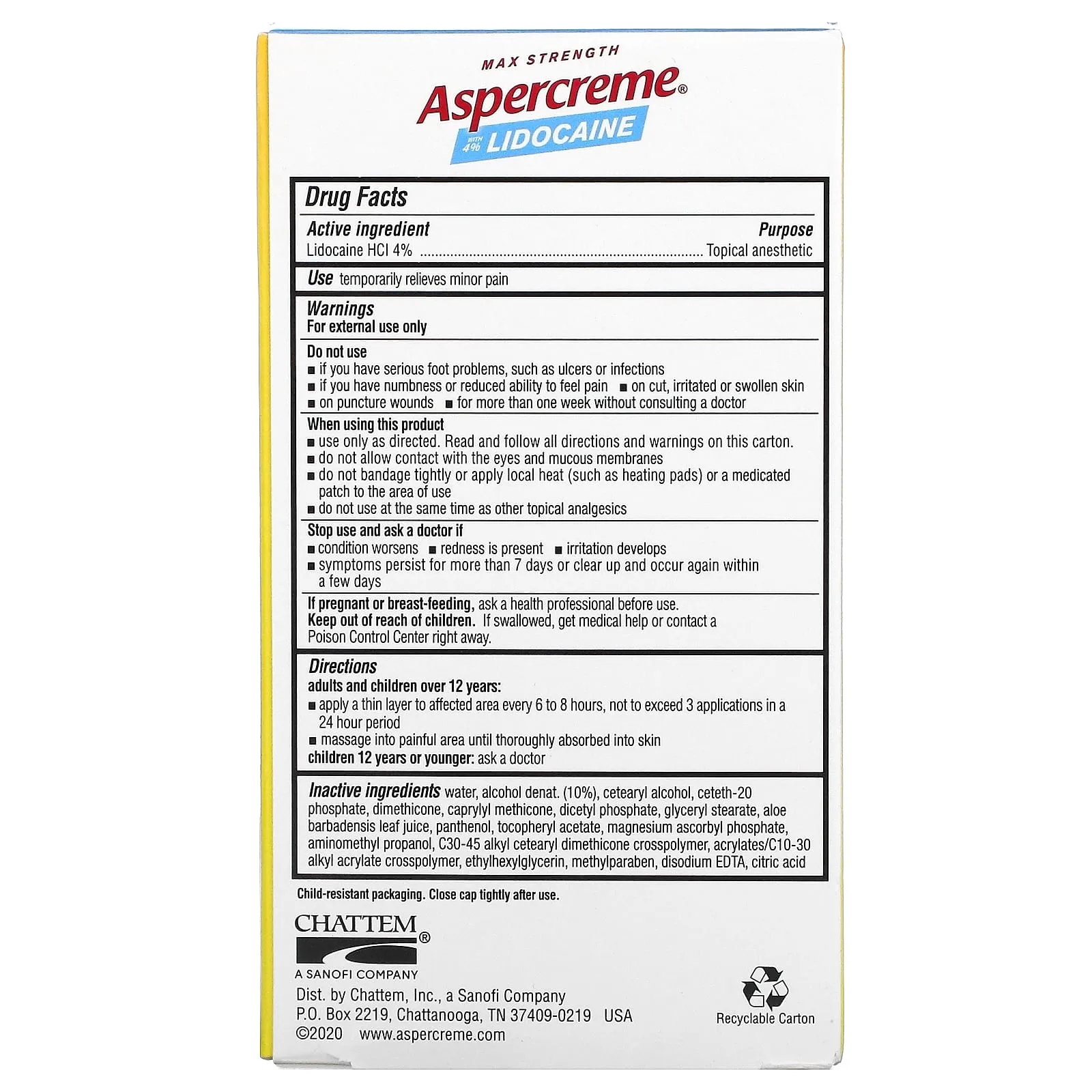 Analgesic Cream Aspercreme for legs with 4% lidocaine, 113 g
