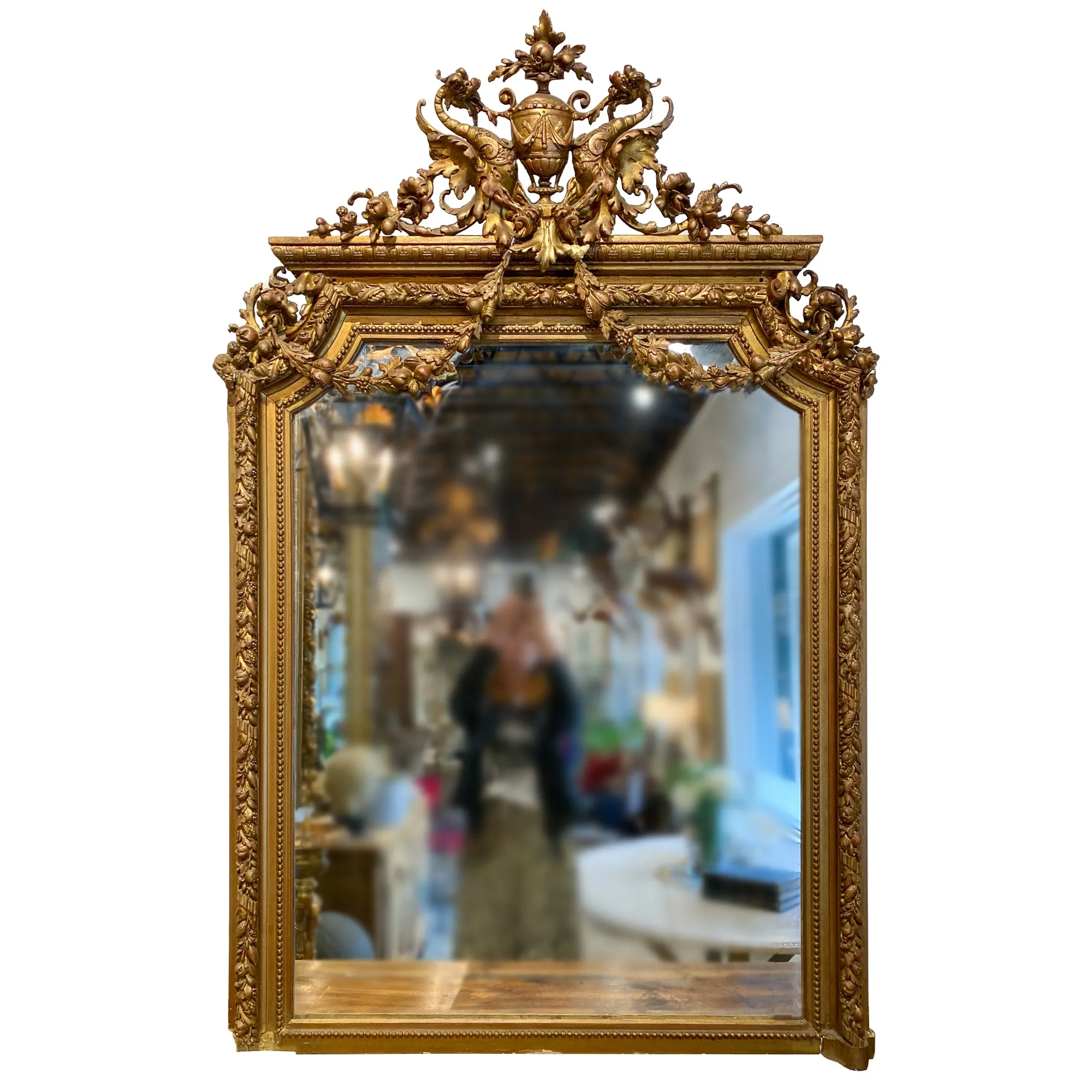 Antique French Gilt Mirror with Swag Detail and Ornate Cartouche