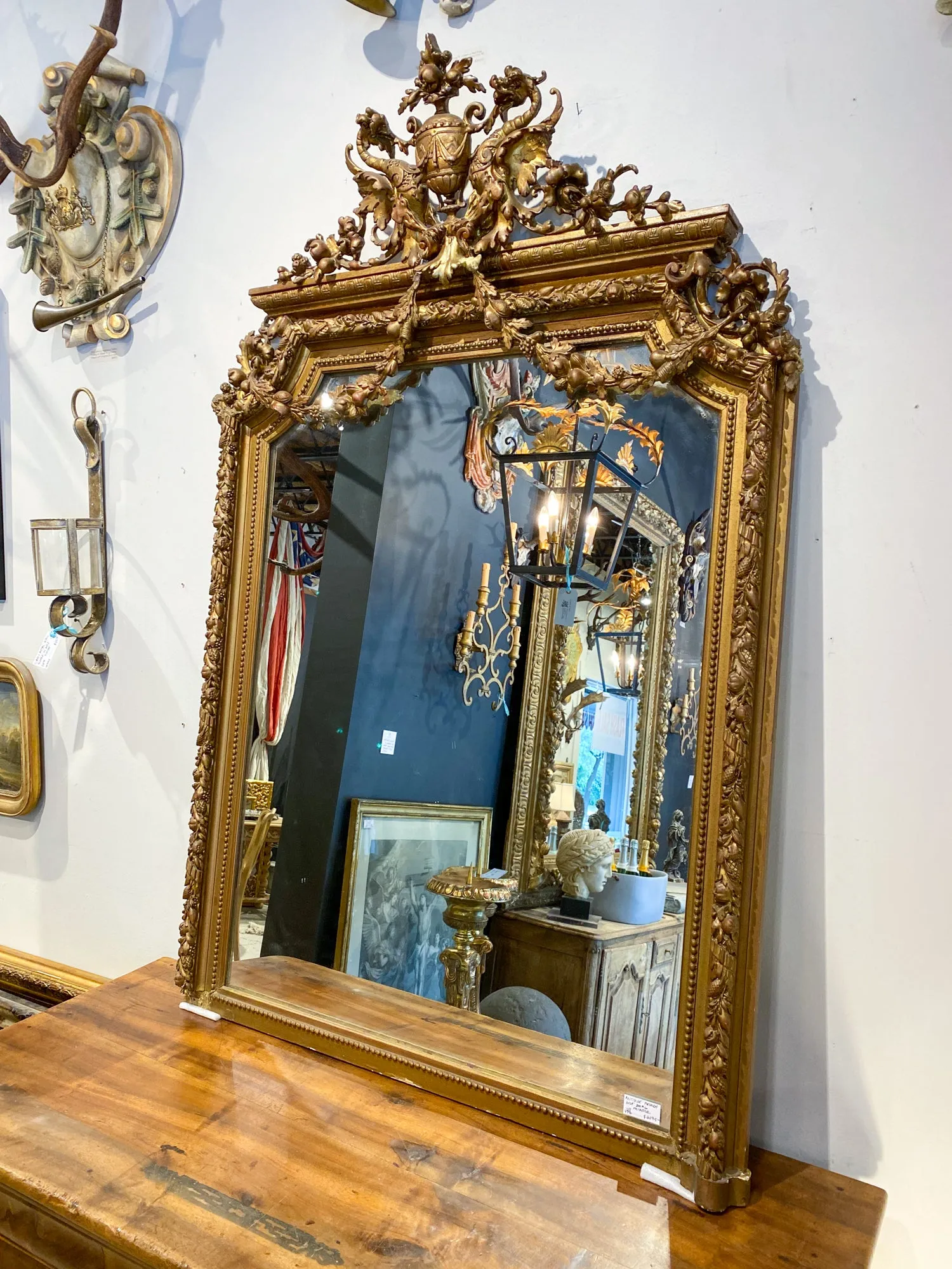 Antique French Gilt Mirror with Swag Detail and Ornate Cartouche