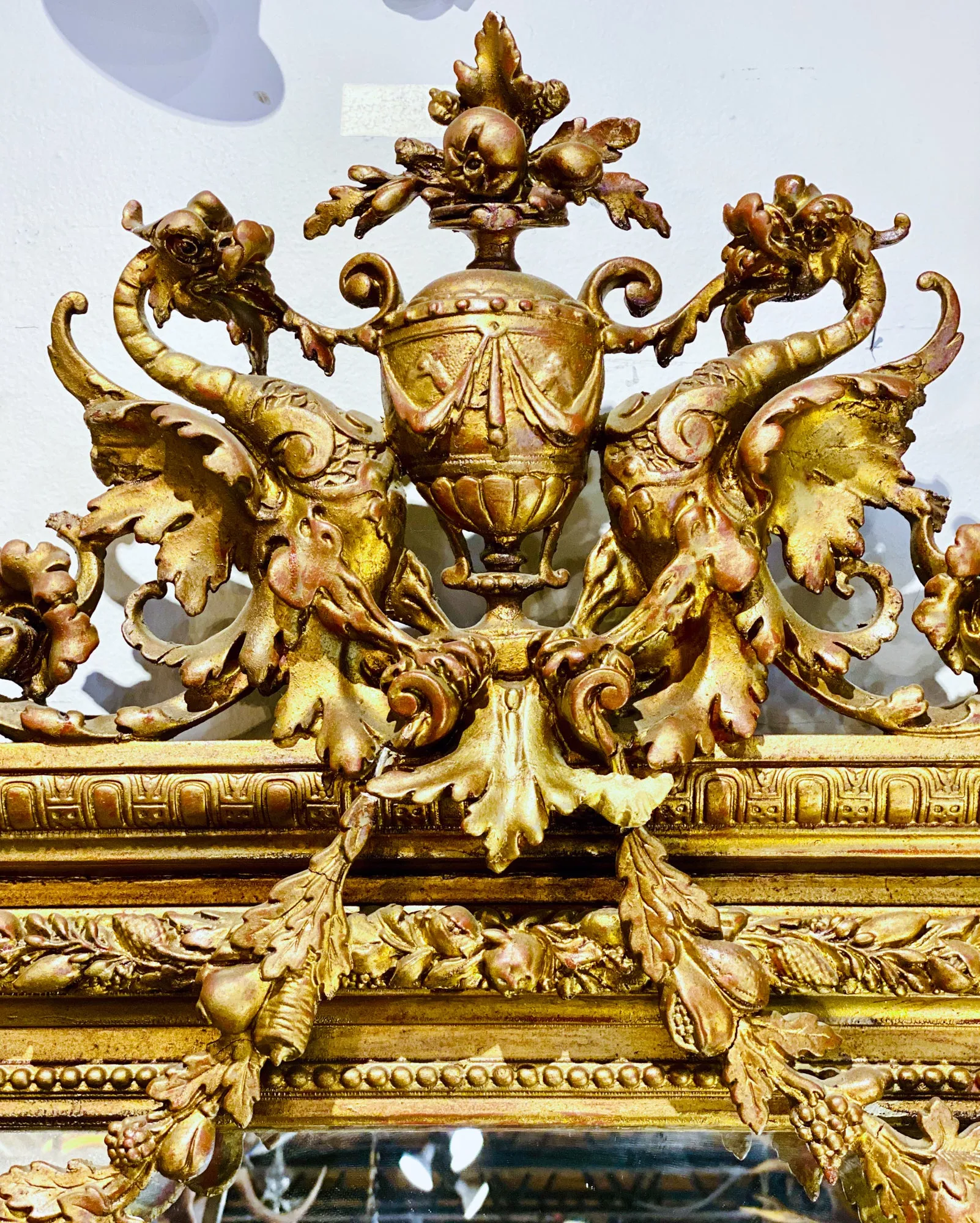 Antique French Gilt Mirror with Swag Detail and Ornate Cartouche