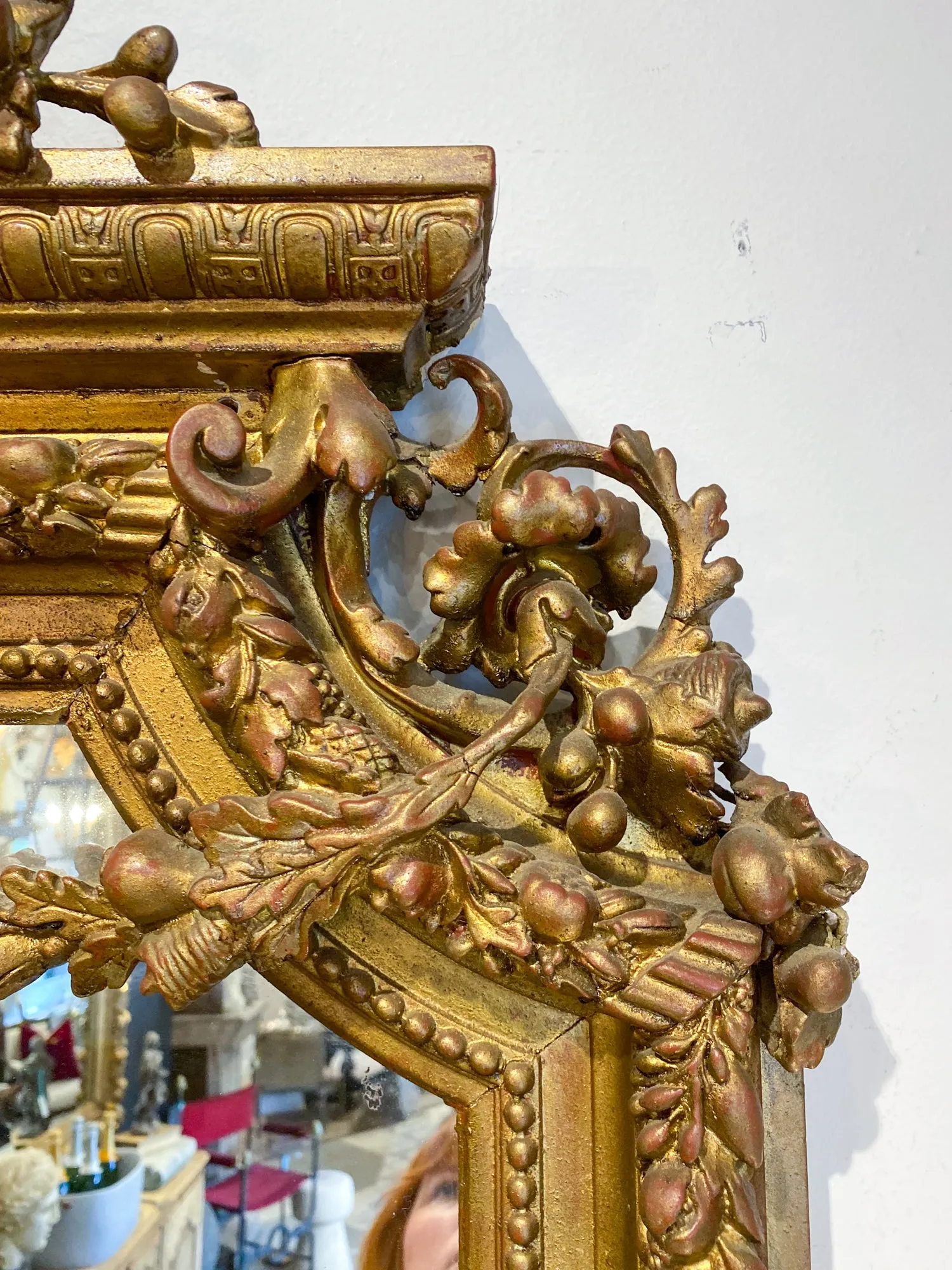 Antique French Gilt Mirror with Swag Detail and Ornate Cartouche