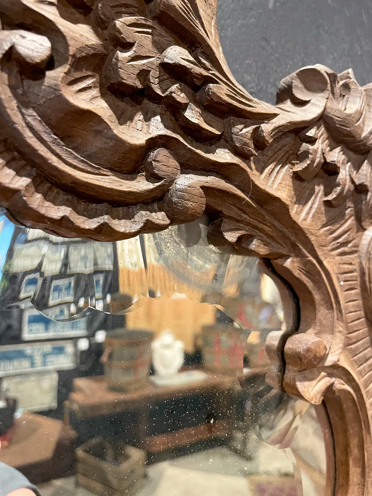 Antique Portuguese Carved Oak Rococo Wall Mirror with Beveled Glass