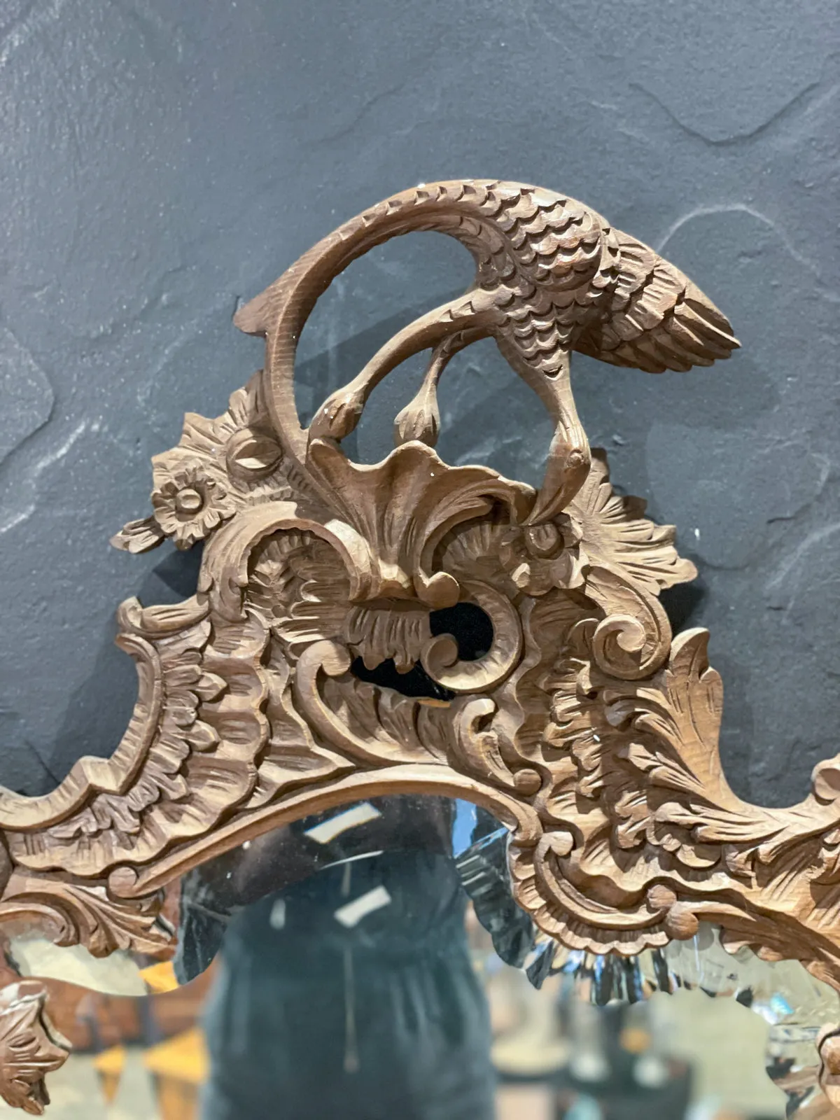 Antique Portuguese Carved Oak Rococo Wall Mirror with Beveled Glass