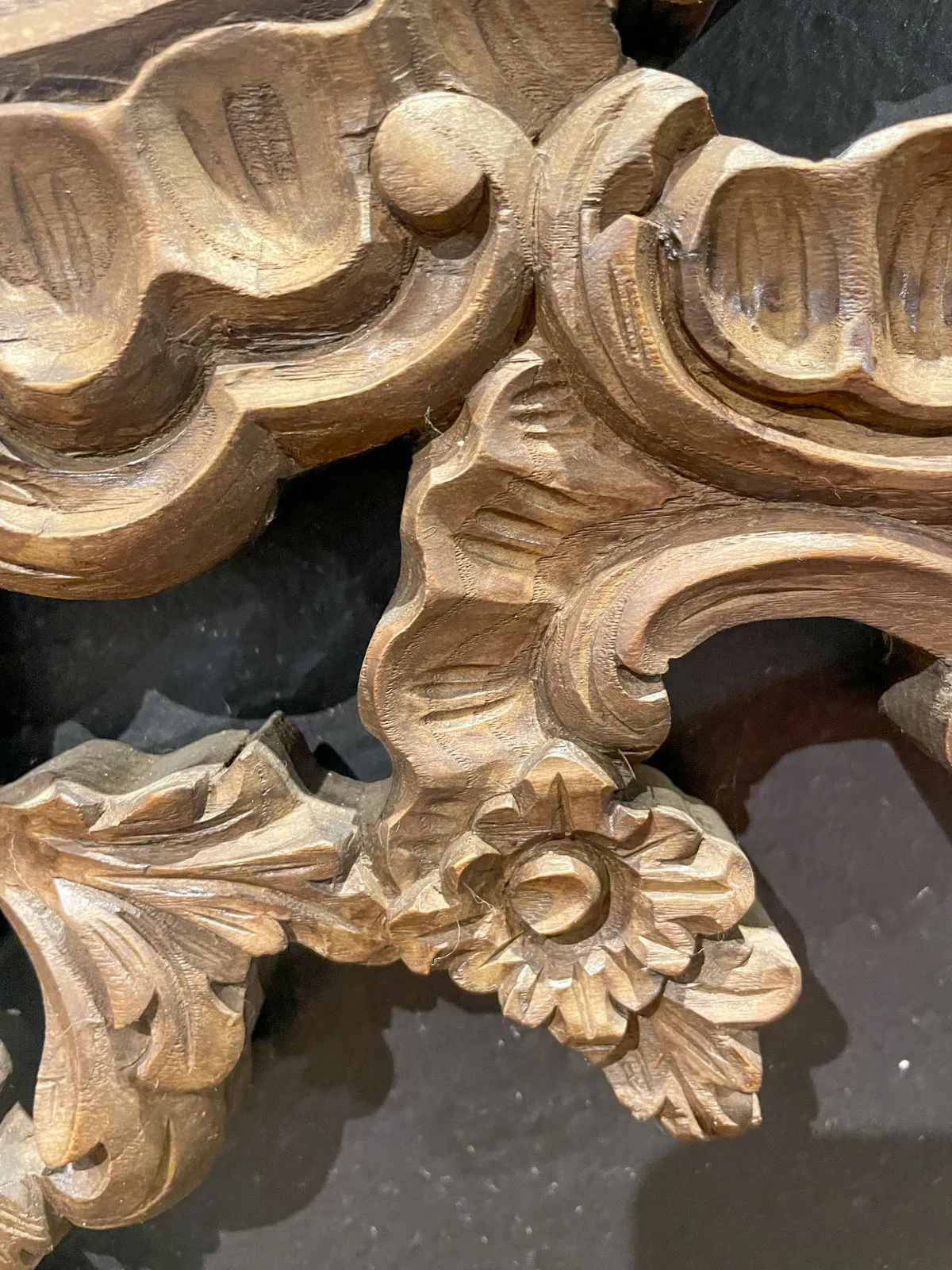 Antique Portuguese Carved Oak Rococo Wall Mirror with Beveled Glass