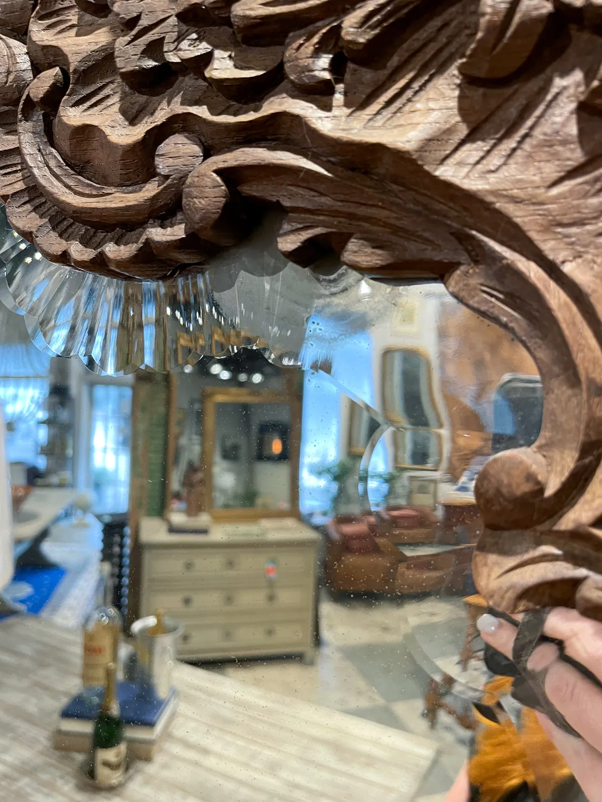 Antique Portuguese Carved Oak Rococo Wall Mirror with Beveled Glass