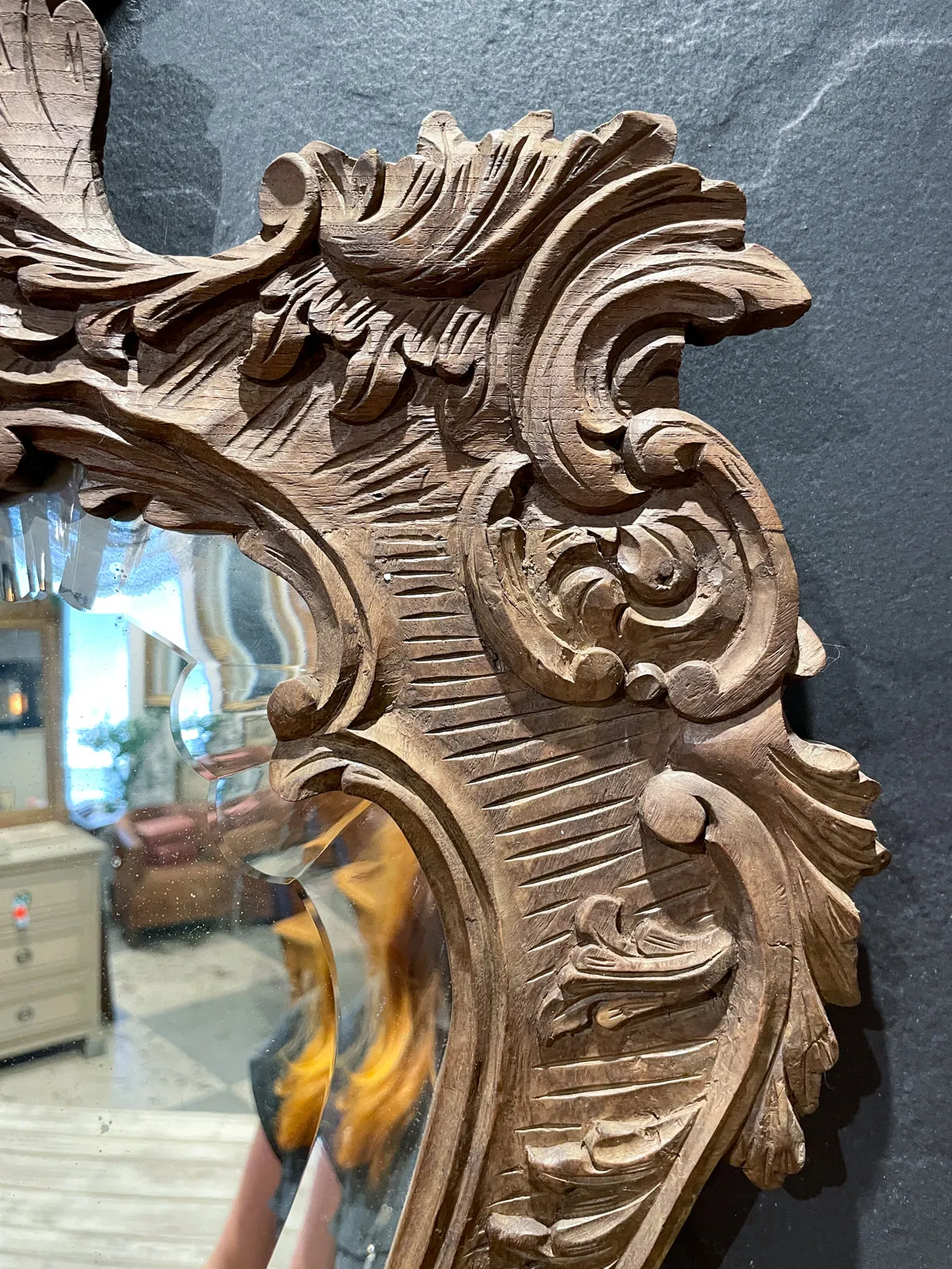 Antique Portuguese Carved Oak Rococo Wall Mirror with Beveled Glass