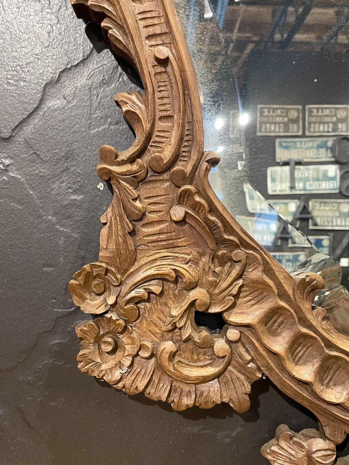 Antique Portuguese Carved Oak Rococo Wall Mirror with Beveled Glass