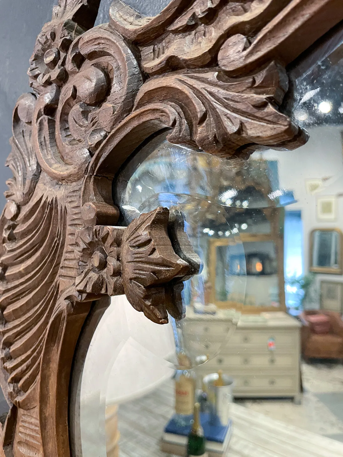 Antique Portuguese Carved Oak Rococo Wall Mirror with Beveled Glass