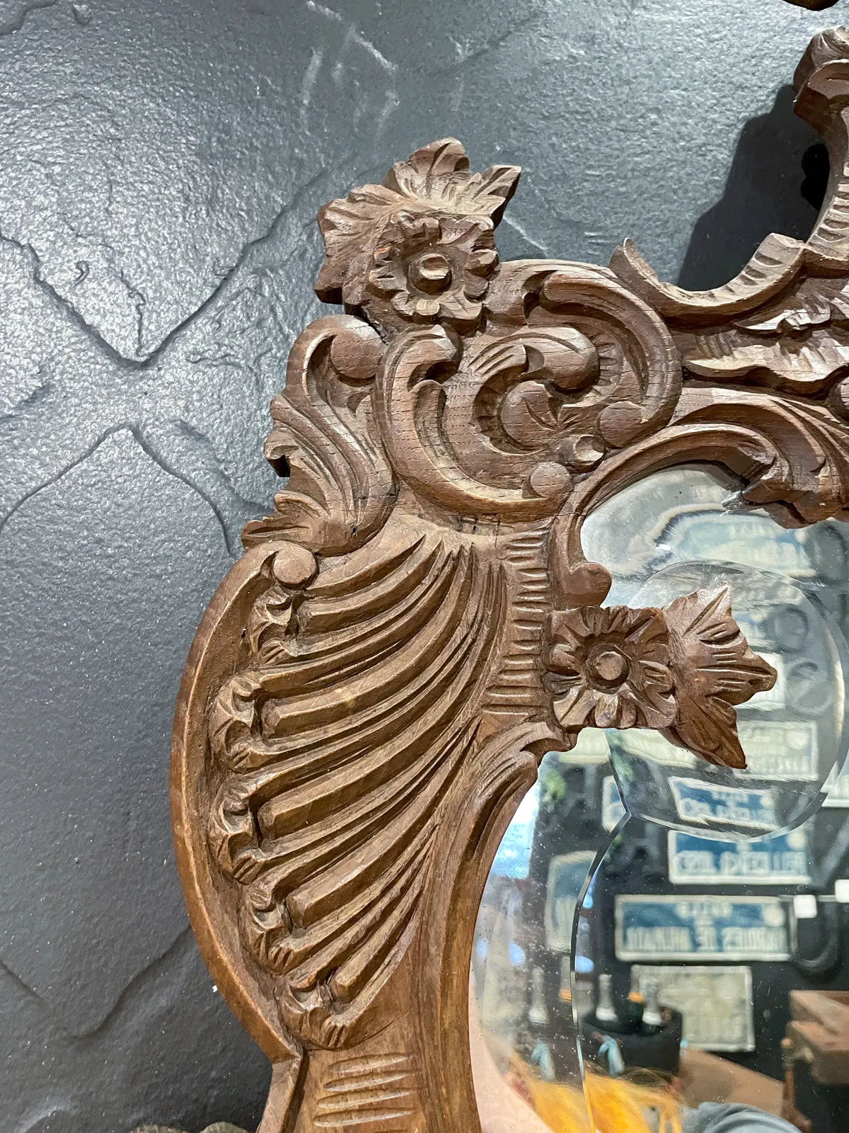 Antique Portuguese Carved Oak Rococo Wall Mirror with Beveled Glass