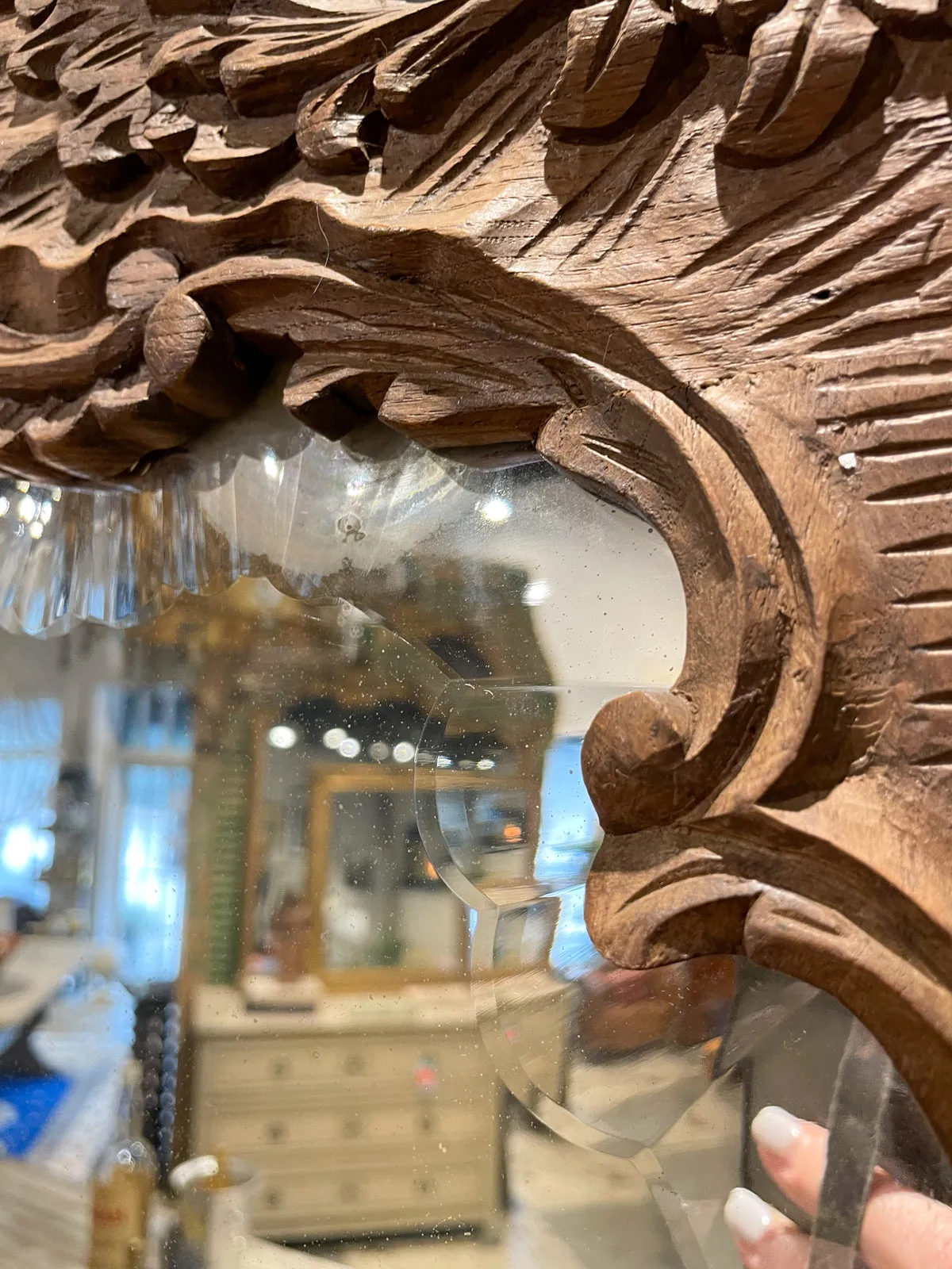 Antique Portuguese Carved Oak Rococo Wall Mirror with Beveled Glass