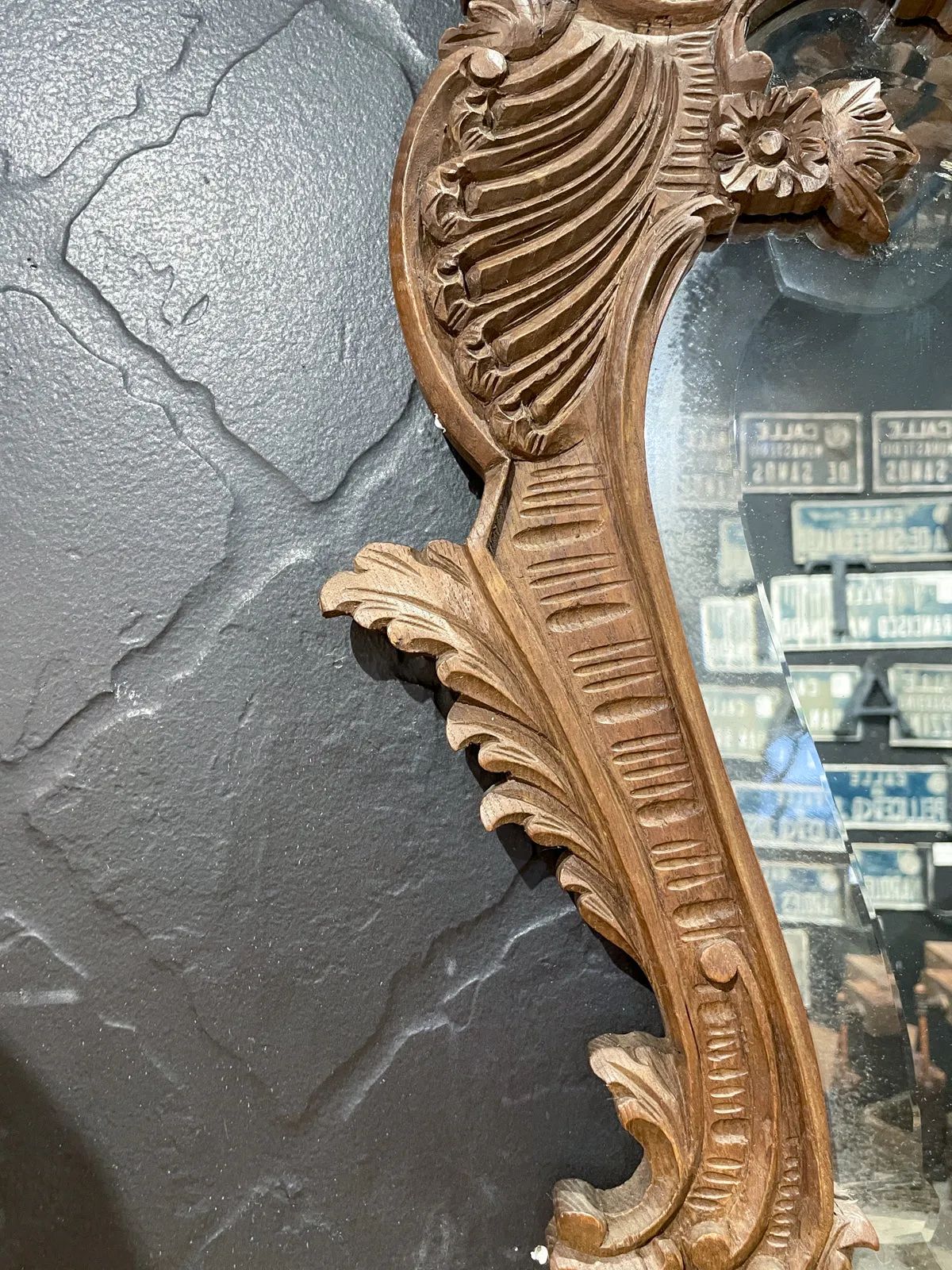 Antique Portuguese Carved Oak Rococo Wall Mirror with Beveled Glass