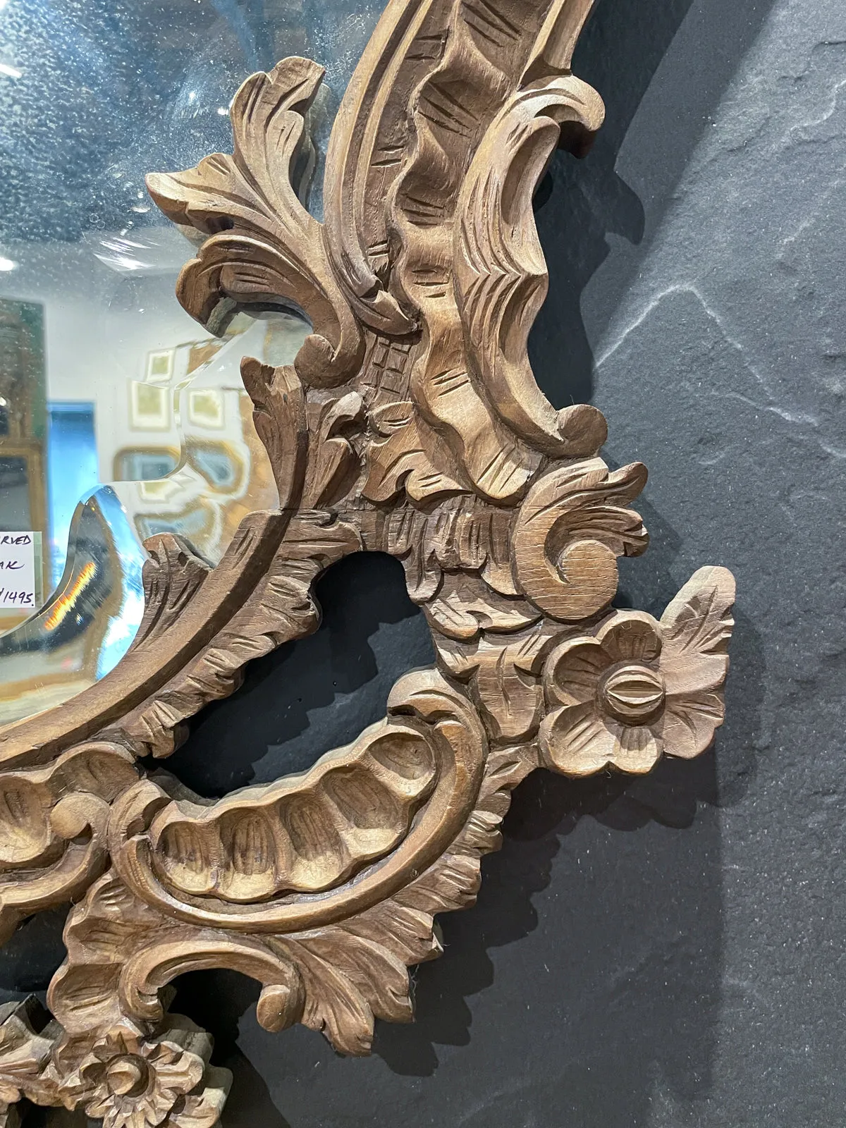 Antique Portuguese Carved Oak Rococo Wall Mirror with Beveled Glass