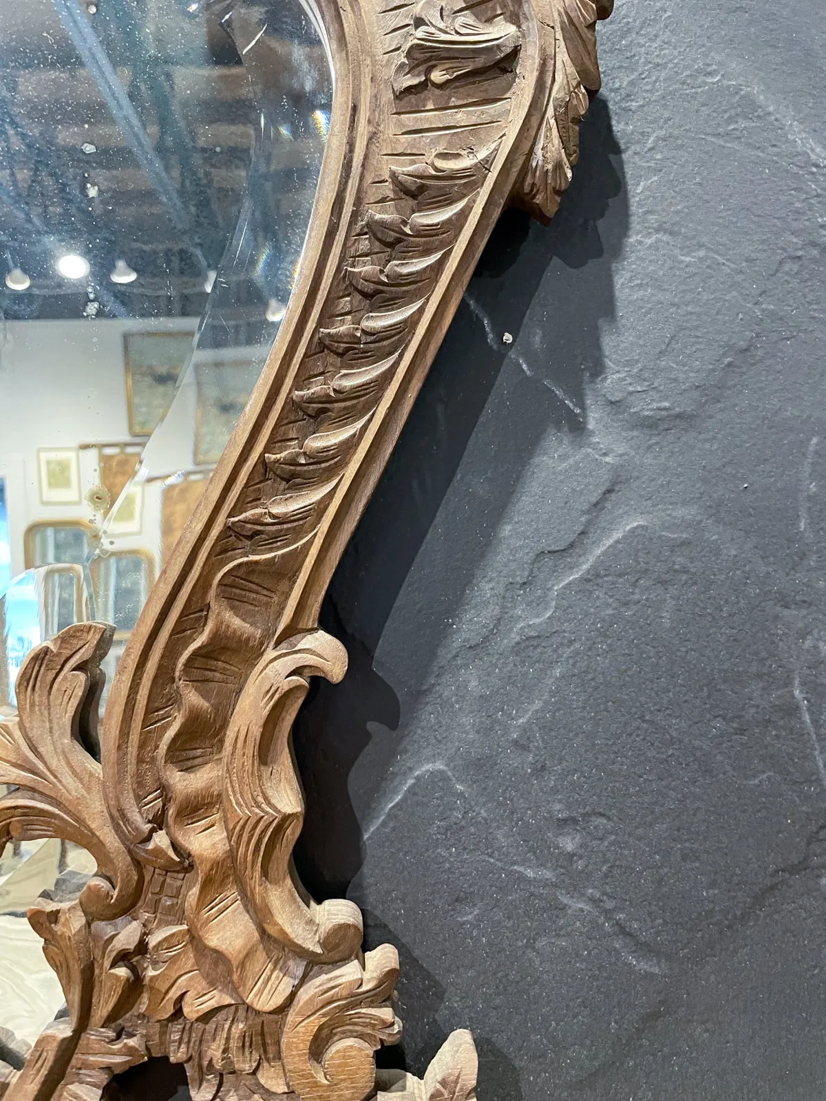Antique Portuguese Carved Oak Rococo Wall Mirror with Beveled Glass