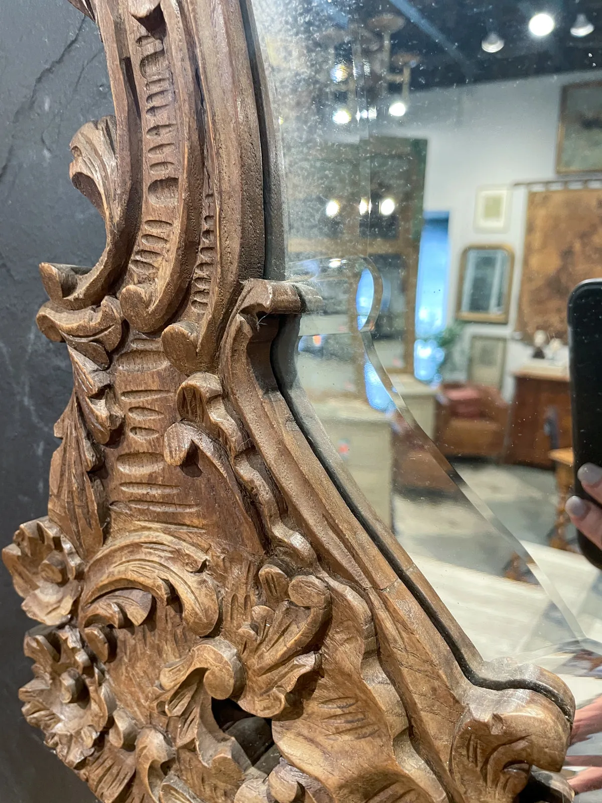 Antique Portuguese Carved Oak Rococo Wall Mirror with Beveled Glass