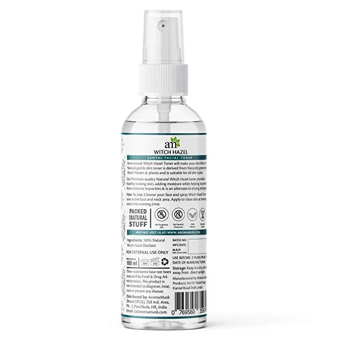 AromaMusk 100% Pure & Natural Witch Hazel Distillate Toner and Astringent, 100ml (No Alcohol, Chemical & Paraben Free )