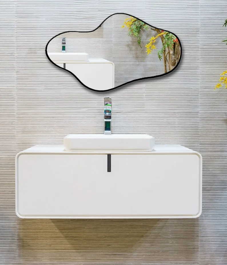 Asymmetrical Irregular Bathroom Decor Mirror with White Wooden Finish