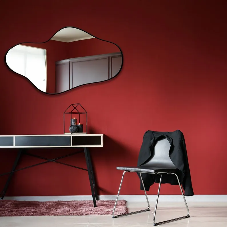 Asymmetrical Irregular Bathroom Decor Mirror with White Wooden Finish
