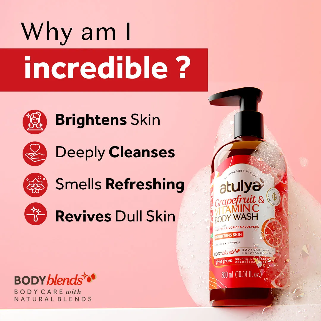 Atulya Grapefruit & Vitamin C Body Wash | Brightens Skin | Citrusy Fragrance | Hydrates and Nourishes | Paraben & SLS Free | Suitable for All Skin Types | 300 ML (Buy 5 Products & Get Rs.500 Off)
