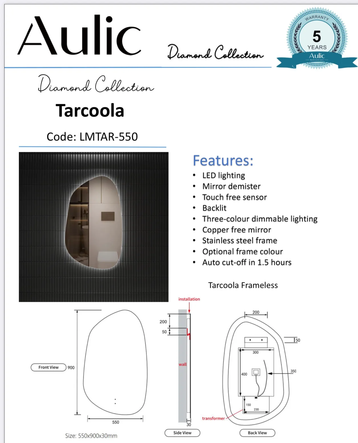 Aulic | Tarcoola Frameless Back Lit LED Mirror