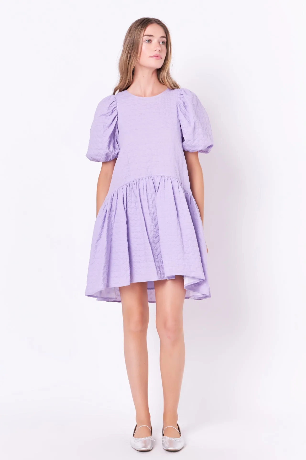 Back Tie Jacquard Puff Dress