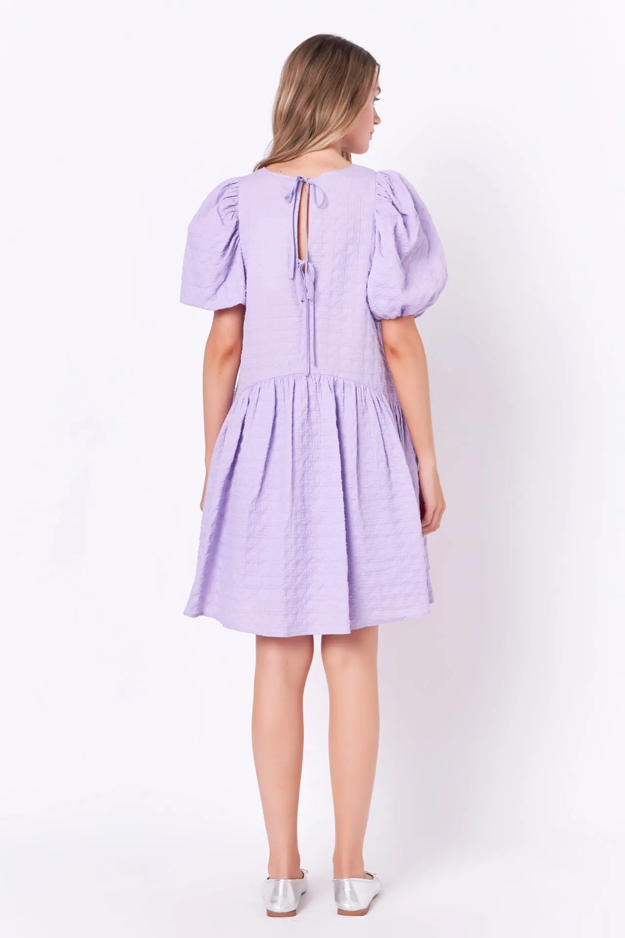 Back Tie Jacquard Puff Dress