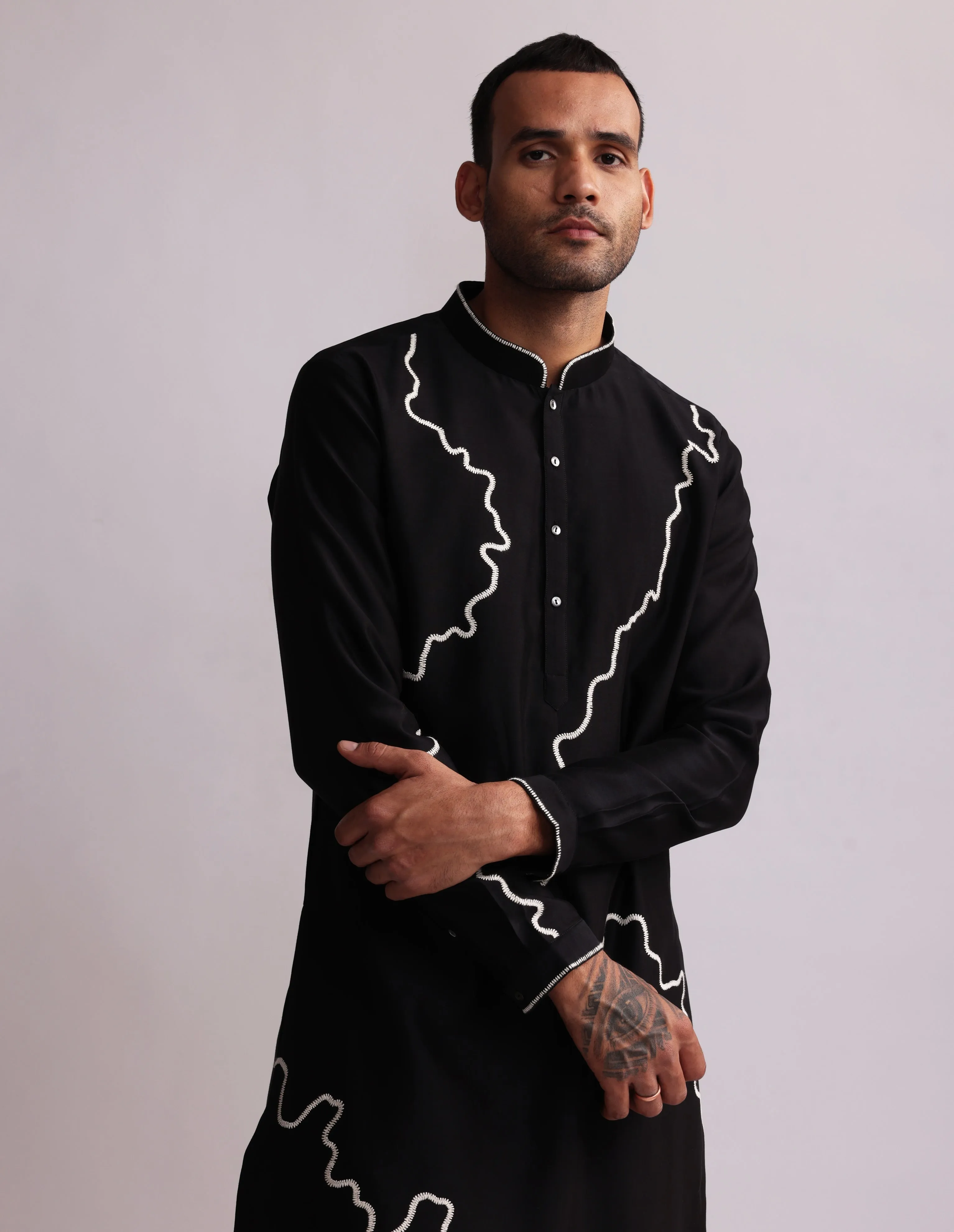 Black Contour Line Embroidered Kurta Set