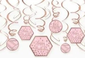 Blush Birthday Hanging Swirl Decorations | 12pc