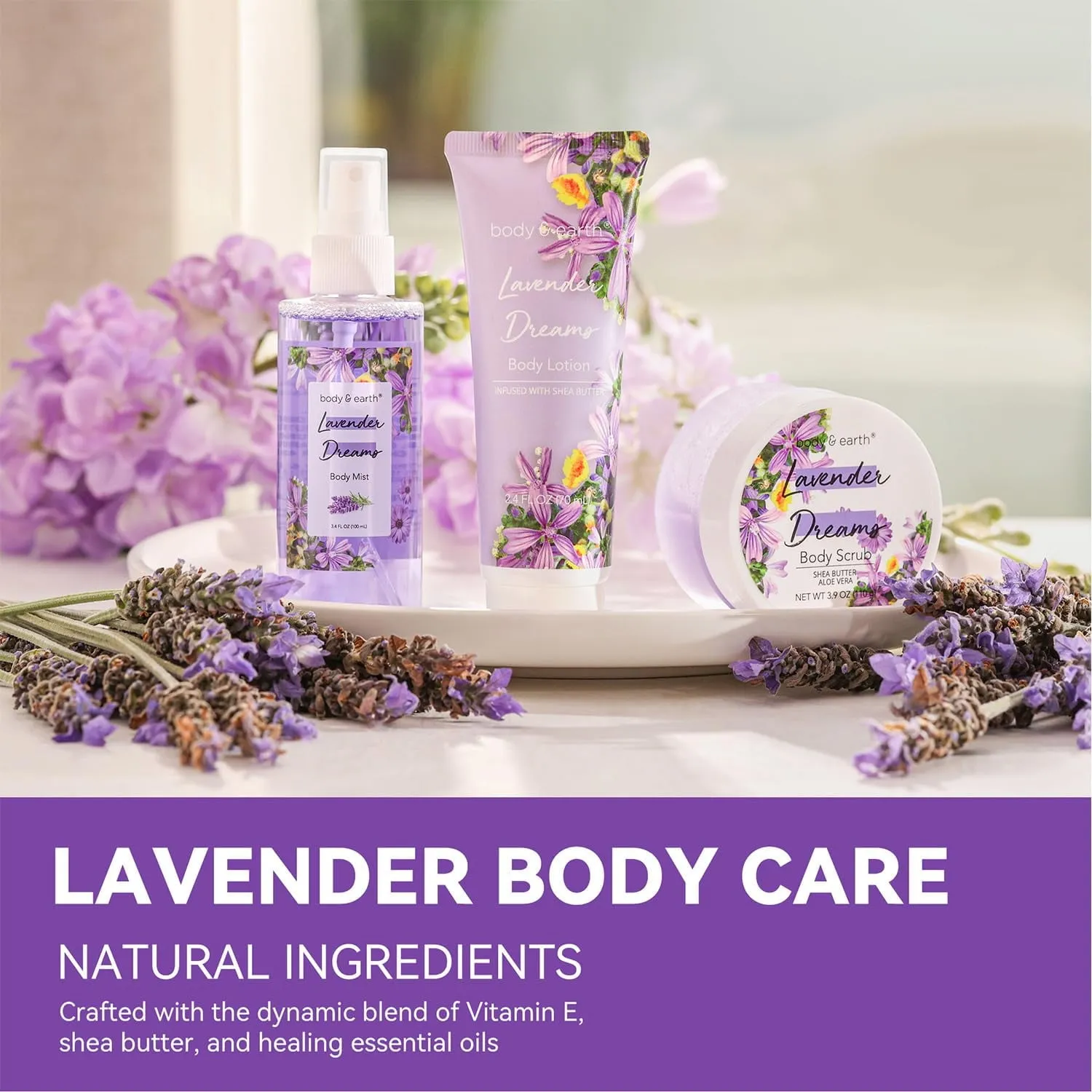 Body & Earth Bath Spa Gift Sets for Women Gift with Lavender Perfumn Mist, Body Lotion, and Body Scrub for Birthday