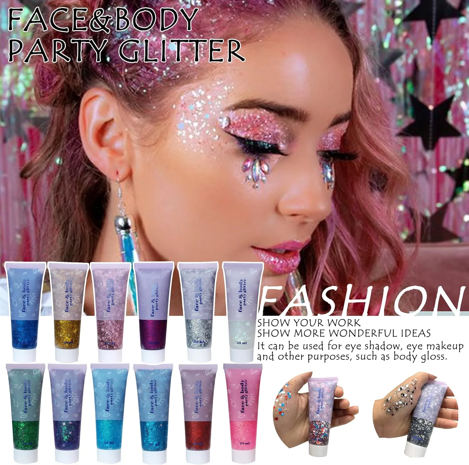 Body Glitter Face Hair Makeup Gel Festival Holographic Shimmer Rave Accessories Sequins for Women Party Eyeshadow, 50ml (Lake Blue)