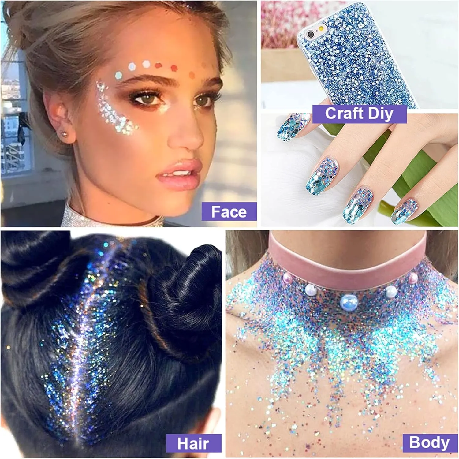 Body Glitter Gel, Joyeee 2pcs Face Glitter Body Gel Sequins Shimmer Liquid Eyeshadow, Chunky Glitter for Face Hair Nails, Holographic Cosmetic Laser Powder Festival Glitter Makeup 50ml