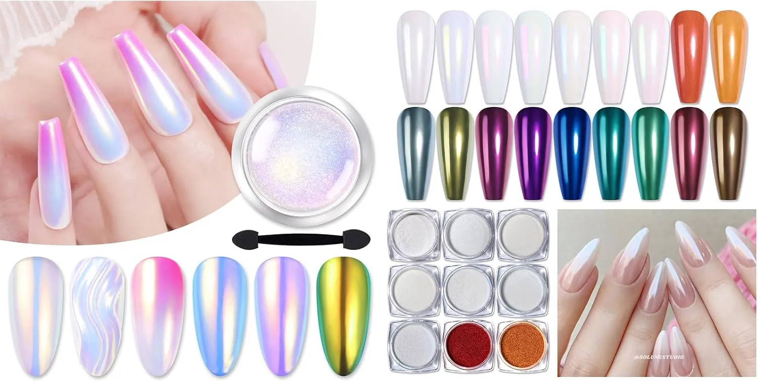 BORN PRETTY 9 Jars Chrome Nail Powder with 1 Jar Auroras Chrome Nail Powder