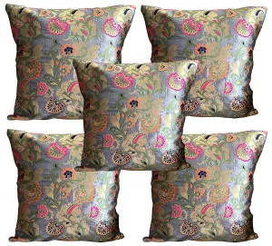 Brocade Silk Cushion Covers Set of 5 Grey with Multicolored Floral Design