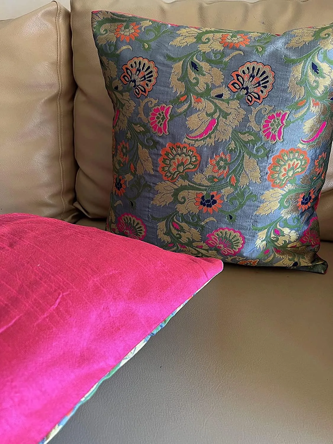 Brocade Silk Cushion Covers Set of 5 Grey with Multicolored Floral Design
