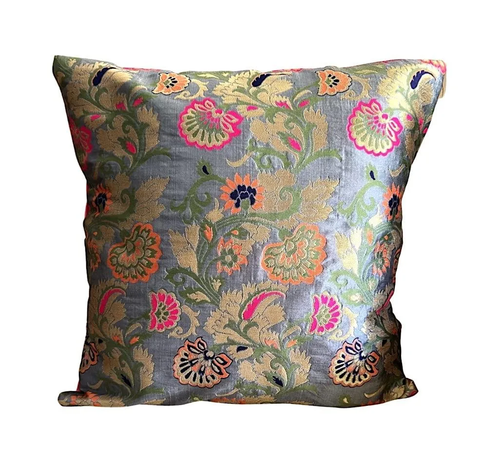 Brocade Silk Cushion Covers Set of 5 Grey with Multicolored Floral Design